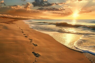 Golden sunset beach footprints ocean waves