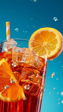 Glass of apperol spritz cocktail with orange slice and straw on blue background. Closeup of summer drink, zoom out