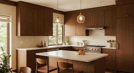 Modern kitchen with dark oak cabinetry and cream backsplash