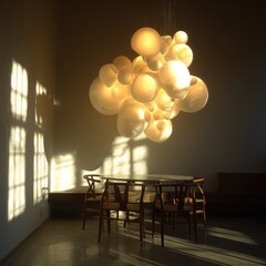 A dining table and chairs in a room