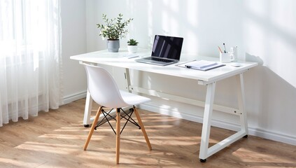 Bright and Airy Workspace: A Simple White Desk Setup with Laptop and Minimalist Decor, Bathed in Sunlight Near the Window.