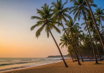 Obraz premium Tropical paradise: Serene beach with palm trees during golden hour