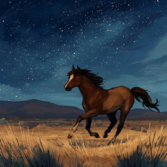 a sleek brown mare with dark brown mane and tail galloping across the desert beneath the stars