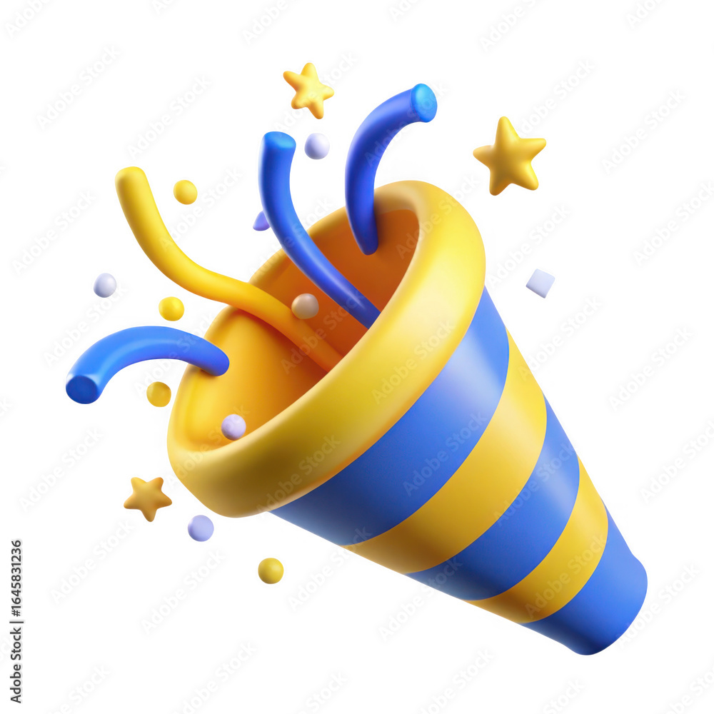 Poster 3d party popper exploding with confetti isolated on transparent background
