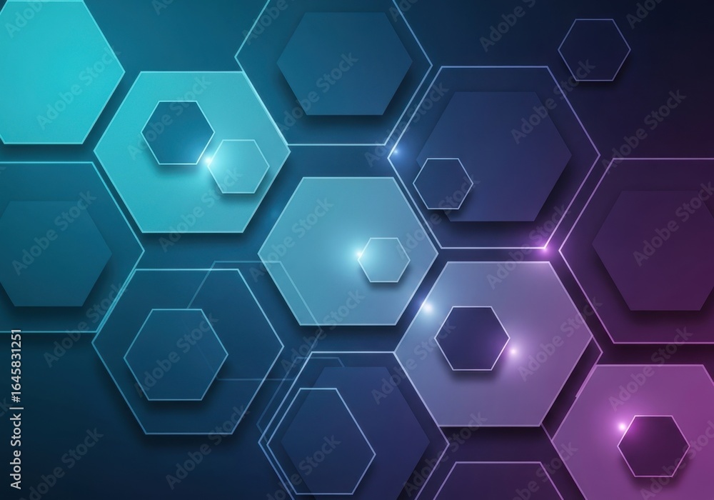 Poster geometric hexagon gradient background with luminous effects and transparent layers