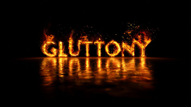 Gluttony in fire font letters - burning type animation of word,  idea - seven deadly sins, or religious sin excess concept - flames surround letter, black background - fires of hell, christian, series