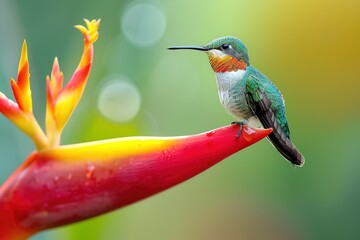 Hummingbird perched on vibrant flower