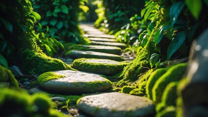 Sunlit stone path through lush green mossy forest garden