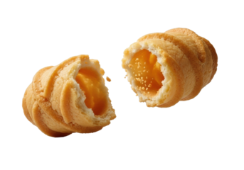Ultra-close-up of a golden pirouette cookie with intricate swirls, broken end, cascading micro-crumbs, on transparent with dramatic raking studio light. Concept of delicate crispness.