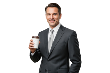 Smiling businessman in grey suit holding takeaway coffee cup