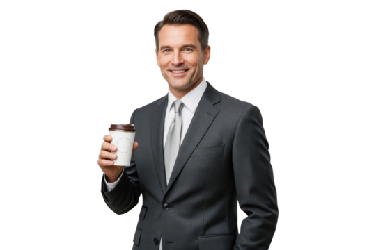 Smiling businessman in grey suit holding takeaway coffee cup