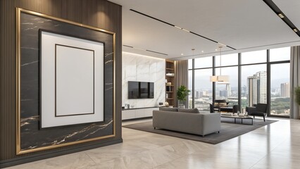 Cozy retro-chic interior with an art deco chaise lounge, a large picture frame and dried plants, 50s- 60s decoration