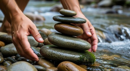 A Meditative Act of Balancing Wet, Mossy Stones in a Flowing River