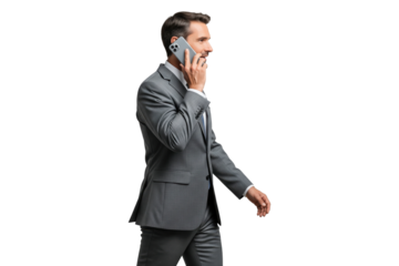 Confident businessman in grey suit walking while talking on smartphone