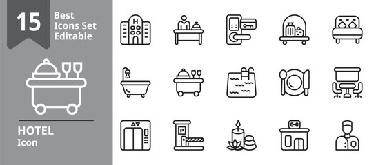 Set of Hotel icons. Icons Contains reception desks, luggage, key cards, room services, etc . Design elements for you projects. Editable stroke vector illustration