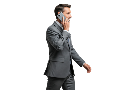 Confident businessman in grey suit walking while talking on smartphone - Powered by Adobe