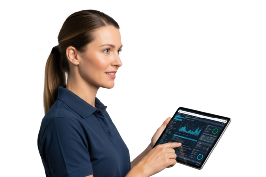 Smiling woman in navy polo shirt using digital tablet with analytics dashboard