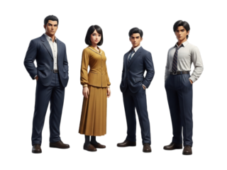 Business team stands, sharp attire, dark suits, serious. Confident