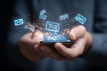 Dynamic digital connection of glowing email envelopes emerging from a smartphone screen, symbolizing modern communication and data flow