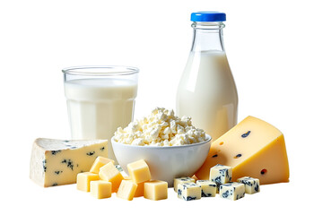  assortment of dairy products including milk, cheese, and cottage cheese, isolated on transparent background
