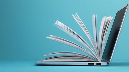 A laptop with pages flying out, symbolizing the fusion of technology and literature.