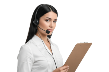 Professional woman in white blouse with headset holding clipboard