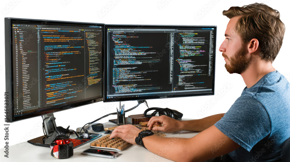 Poster coding with focus: a focused individual immerses himself in the digital world, crafting lines of cod