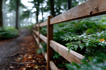 A rustic wooden fence nestled among vibrant green ferns and trees, offering a peaceful glimpse into a lush forest path that inspires exploration and connection with nature.