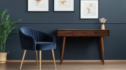 Modern interior featuring a stylish blue chair, wooden desk, and framed botanical art against a dark wall.