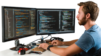 Coding with Focus: A focused individual immerses himself in the digital world, crafting lines of code on a dual-monitor setup, a testament to technological proficiency.