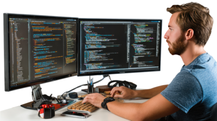 Coding with Focus: A focused individual immerses himself in the digital world, crafting lines of code on a dual-monitor setup, a testament to technological proficiency.