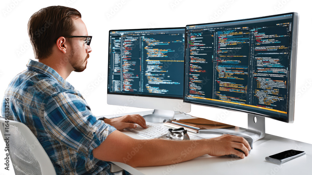 Poster code explorer: a tech-savvy individual, engrossed in coding on a dual-screen setup. capturing the es