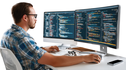 Code Explorer: A tech-savvy individual, engrossed in coding on a dual-screen setup. Capturing the essence of focus, innovation, and the digital world.