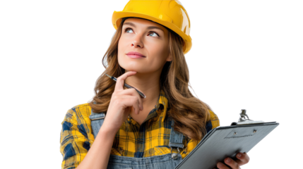Construction Contemplation: A female construction worker in a yellow helmet, looking up thoughtfully while holding a clipboard, embodying planning and consideration.