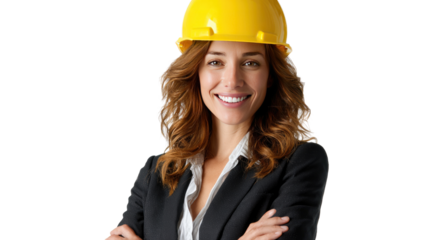 Confident Construction Professional: A smiling female construction worker, radiant with confidence, dons a yellow hard hat and blazer. Capturing the blend of professionalism and approachability.