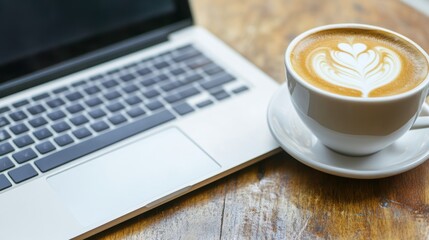 A laptop next to a beautifully crafted latte art coffee cup on a wooden table.
