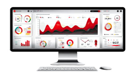 Digital Dashboard: A modern computer monitor displaying an interactive, vibrant digital dashboard. Perfect for data visualization and business analytics. 