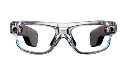 Vision of Technology: Sleek, transparent smart glasses showcase modern technology. the smart glasses with sophisticated design, inviting the viewer to imagine the possibilities of the future. 