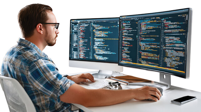 Code Explorer: A tech-savvy individual, engrossed in coding on a dual-screen setup. Capturing the essence of focus, innovation, and the digital world.