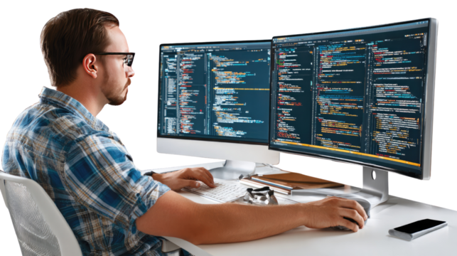Code Explorer: A tech-savvy individual, engrossed in coding on a dual-screen setup. Capturing the essence of focus, innovation, and the digital world.