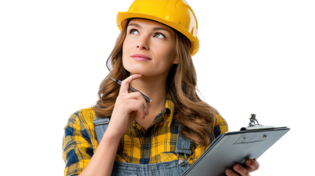 Construction Contemplation: A female construction worker in a yellow helmet, looking up thoughtfully while holding a clipboard, embodying planning and consideration.