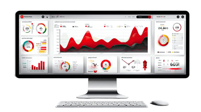 Digital Dashboard: A modern computer monitor displaying an interactive, vibrant digital dashboard. Perfect for data visualization and business analytics.