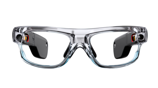 Vision of Technology: Sleek, transparent smart glasses showcase modern technology. the smart glasses with sophisticated design, inviting the viewer to imagine the possibilities of the future. 