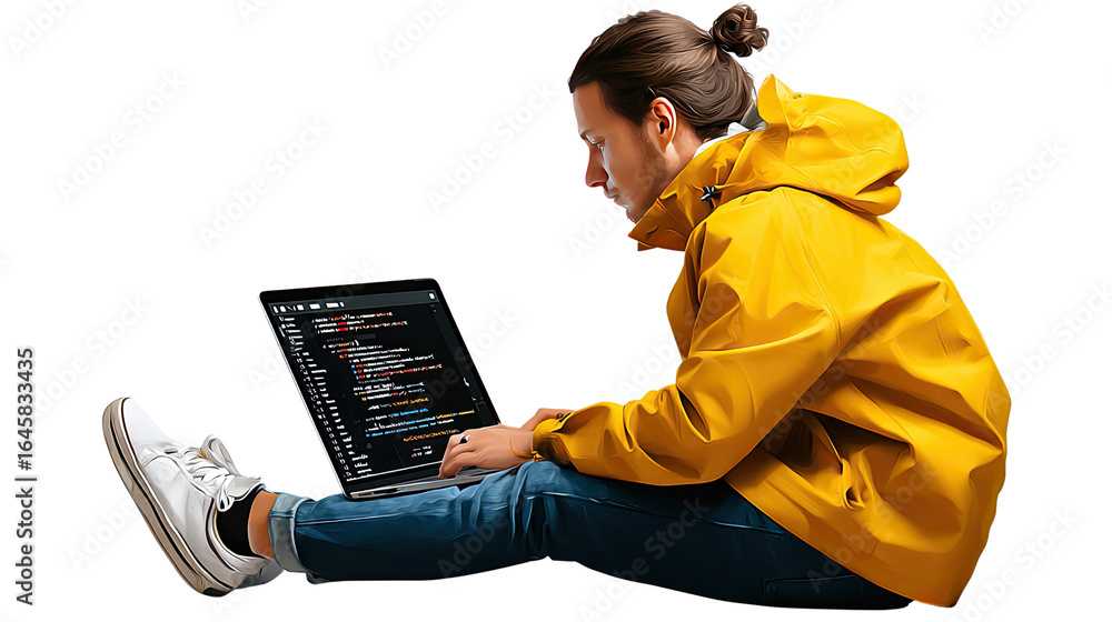 Poster coding with passion: a person absorbed in coding, showcasing dedication and innovation in a digitall