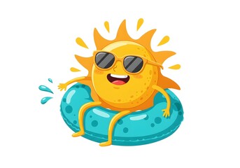 Happy Cartoon Sun Character Floating in Swim Ring