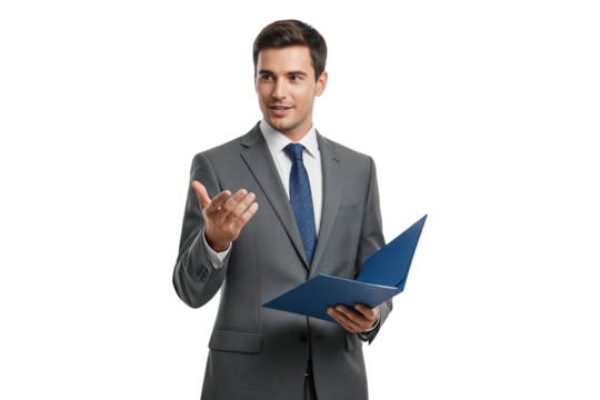 Confident businessman in grey suit speaking and holding blue folder - Powered by Adobe