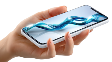 Hand holding phone in an abstract wave display: A hand delicately cradles a sleek, modern smartphone, its screen illuminating with a captivating abstract wave design.
