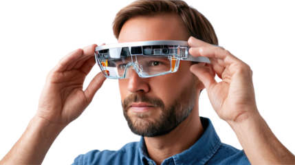 Innovative Vision: A man's concentrated gaze is met with cutting-edge augmented reality (AR) glasses. The glasses sit with a modern aesthetic that opens up innovative possibility
