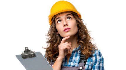 Contemplative Architect: A focused architect wearing a yellow hard hat, deep in thought, studying blueprints and envisioning project details. 