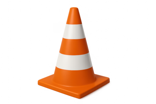 Orange and white traffic cone on transparent background